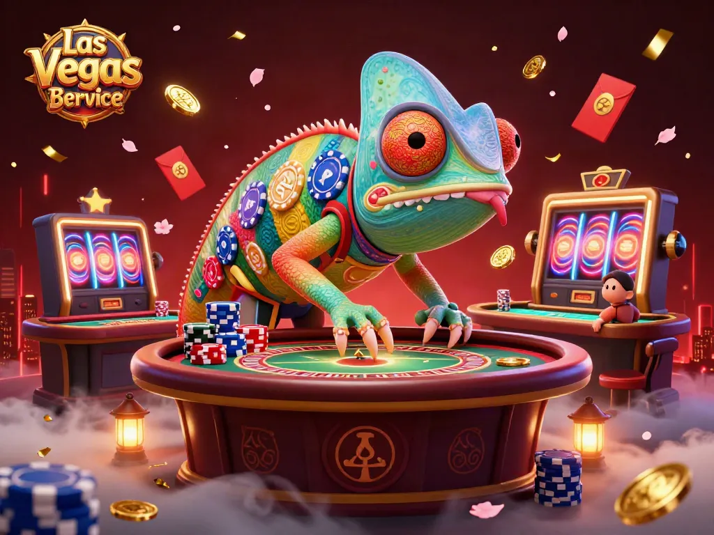 Experience Las Vegas Bottle Service with vibrant chameleon casino owner, poker elements, and celebratory confetti.