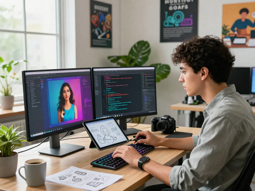 Developer designing an ai girlfriend application in a modern workspace