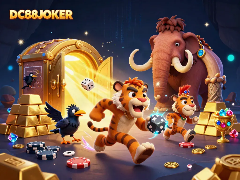 Experience the thrill of DC88JOKER with a colorful prehistoric casino scene featuring lively characters.