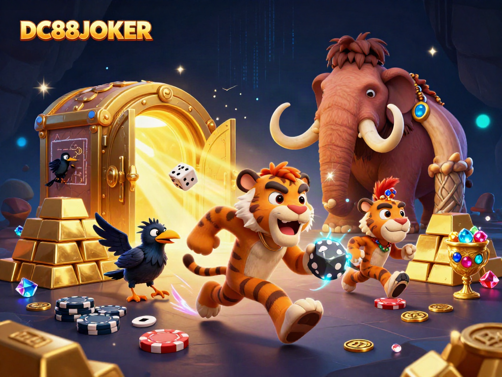 Experience the thrill of DC88JOKER with a colorful prehistoric casino scene featuring lively characters.