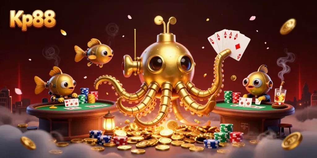 Kp88 kraken submarine emerging from golden coins in a vibrant online casino scene