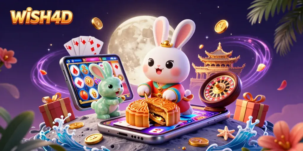 Experience WISH4D with an engaging 3D illustration showcasing exciting casino elements and characters.