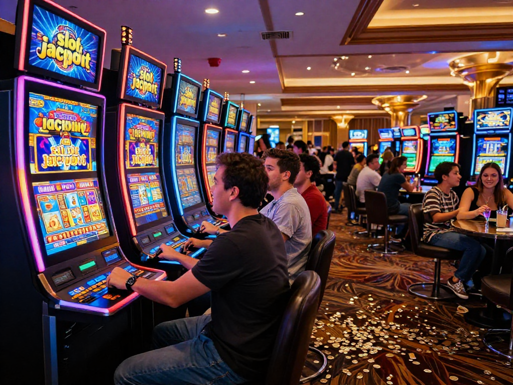 Exciting casino atmosphere with players celebrating a slot jackpot win, vibrant lights and joyful expressions.