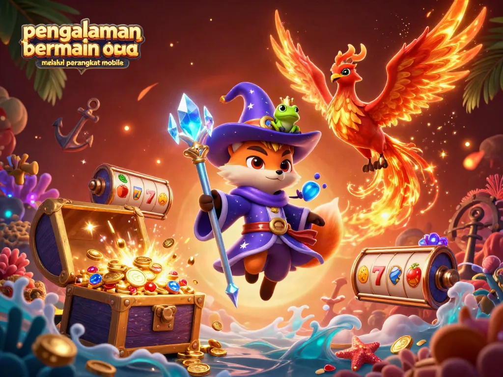 Menampilkan pengalaman bermain melalui perangkat mobile dalam ilustrasi kasino bertema, dengan karakter dan elemen yang dinamis.