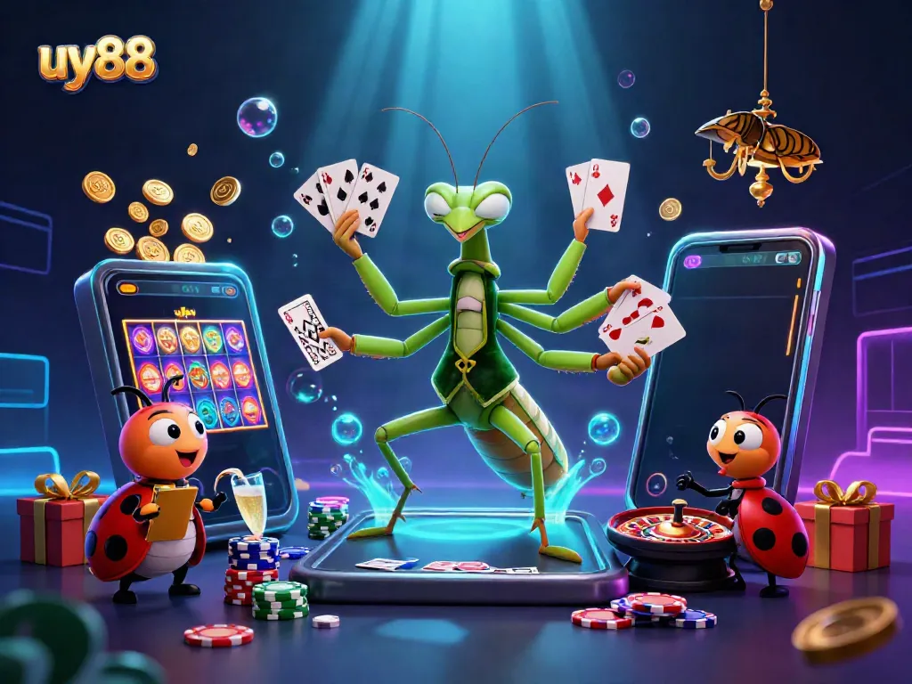 Experience the excitement of uy88 online gaming with a vibrant 3D illustration showcasing lively casino elements.