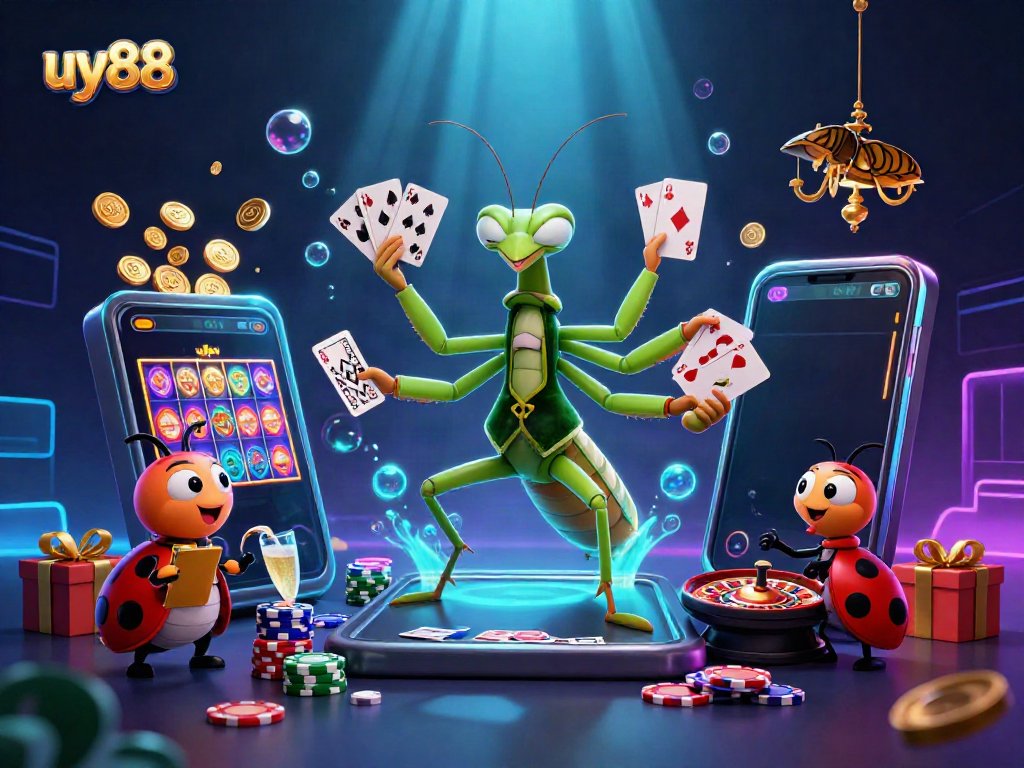Experience the excitement of uy88 online gaming with a vibrant 3D illustration showcasing lively casino elements.