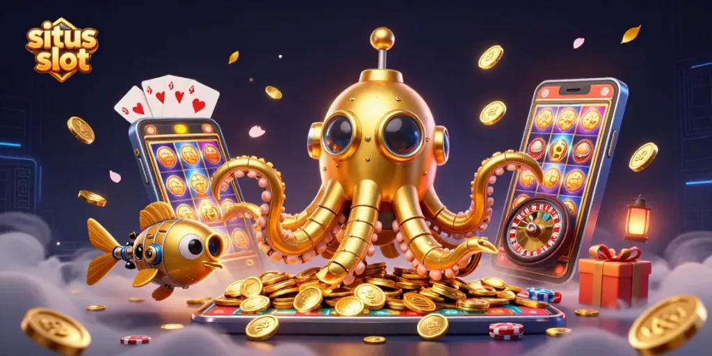 Engage with situs slot through this vibrant 3D scene of action-packed gaming excitement.