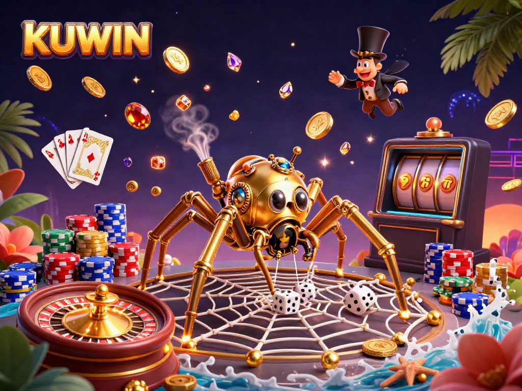 Engaging KUWIN illustration with a steampunk spider and vibrant casino elements representing online gambling.