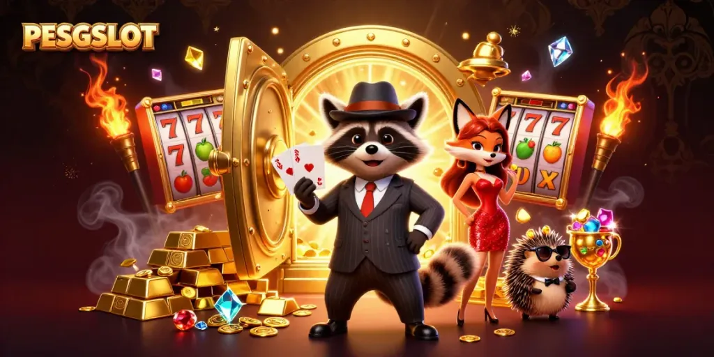 Menghadirkan PESGSLOT dalam aksi permainan slot, dengan karakter imut, simbol keberuntungan, dan nuansa kasino yang menarik.