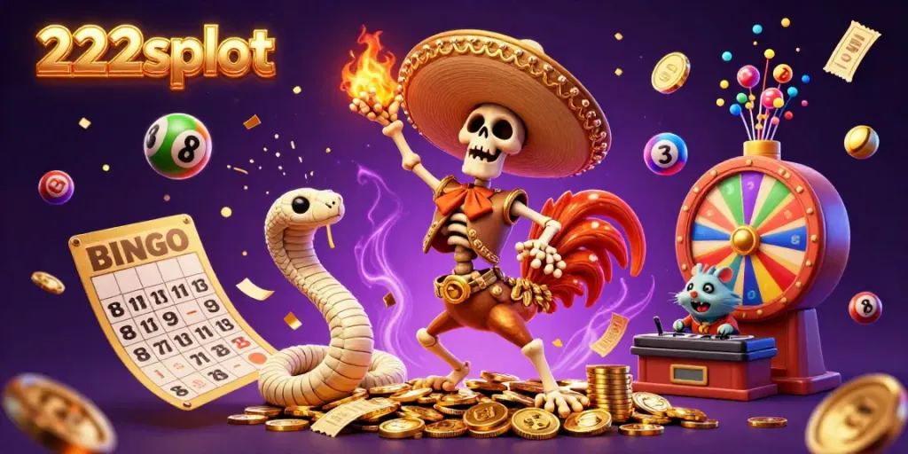 Permainan seru di 222slot dengan skeleton mariachi, ular mummy, dan hamster DJ merayakan kemenangan di tumpukan koin emas.