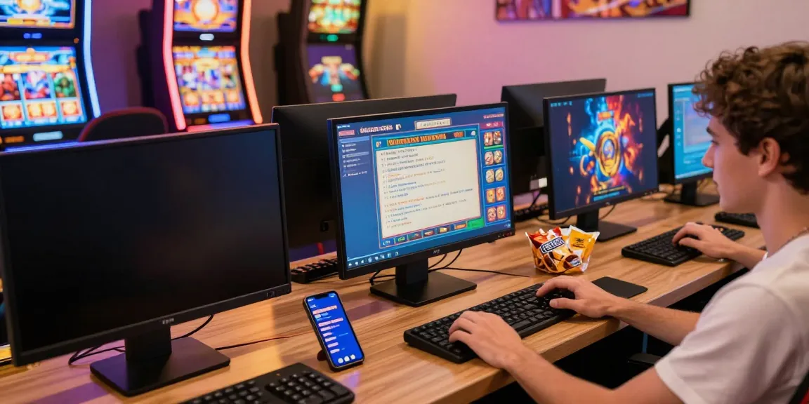 Pengalaman judi slot online dengan pemain berinteraksi di komputer dan mesin slot berwarna-warni.