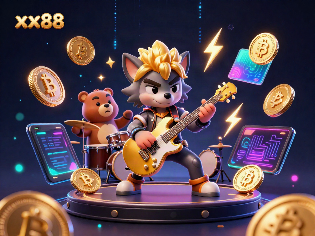 Dynamic scene of xx88 with cartoon wolf and bear on a casino stage, showcasing vibrant gambling elements.