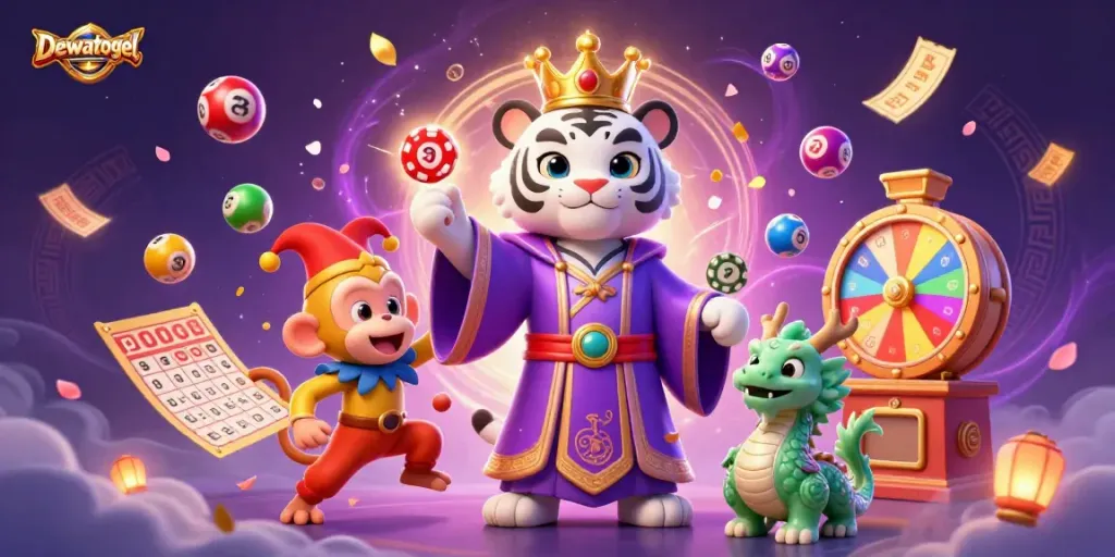 Dewatogel showcases a playful scene with a white tiger, monkey, and jade dragon amidst colorful lottery elements.