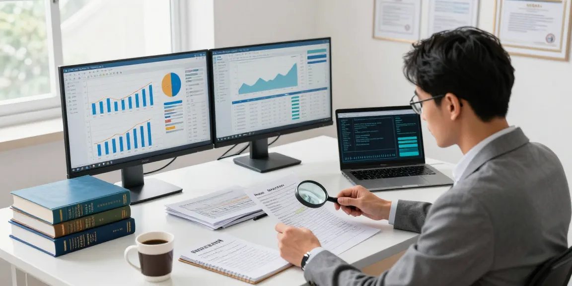 Workspace profesional aafikotasurabaya.org dengan auditor memeriksa dokumen keuangan dan analitik.
