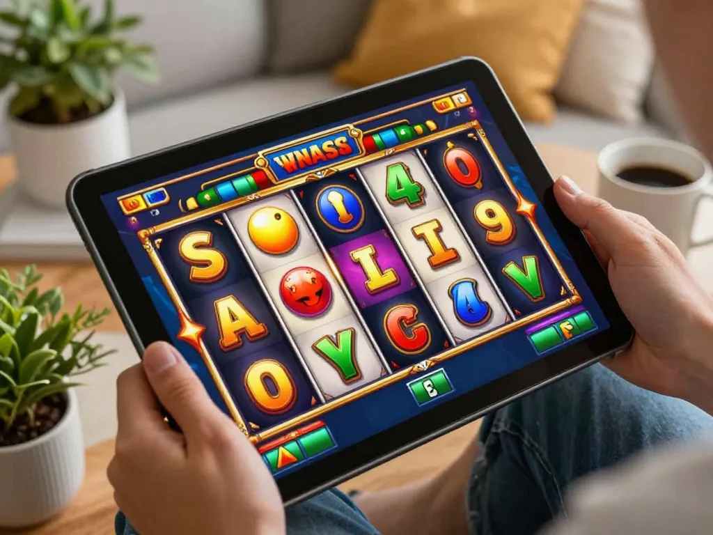Engaging moment of a player testing link slot strategies on a tablet during an online gaming session.