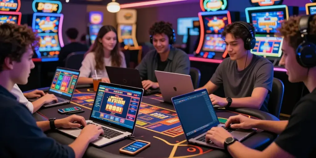 Players enjoying online casinos that accept credit cards on laptops and mobile devices in a vibrant digital environment.