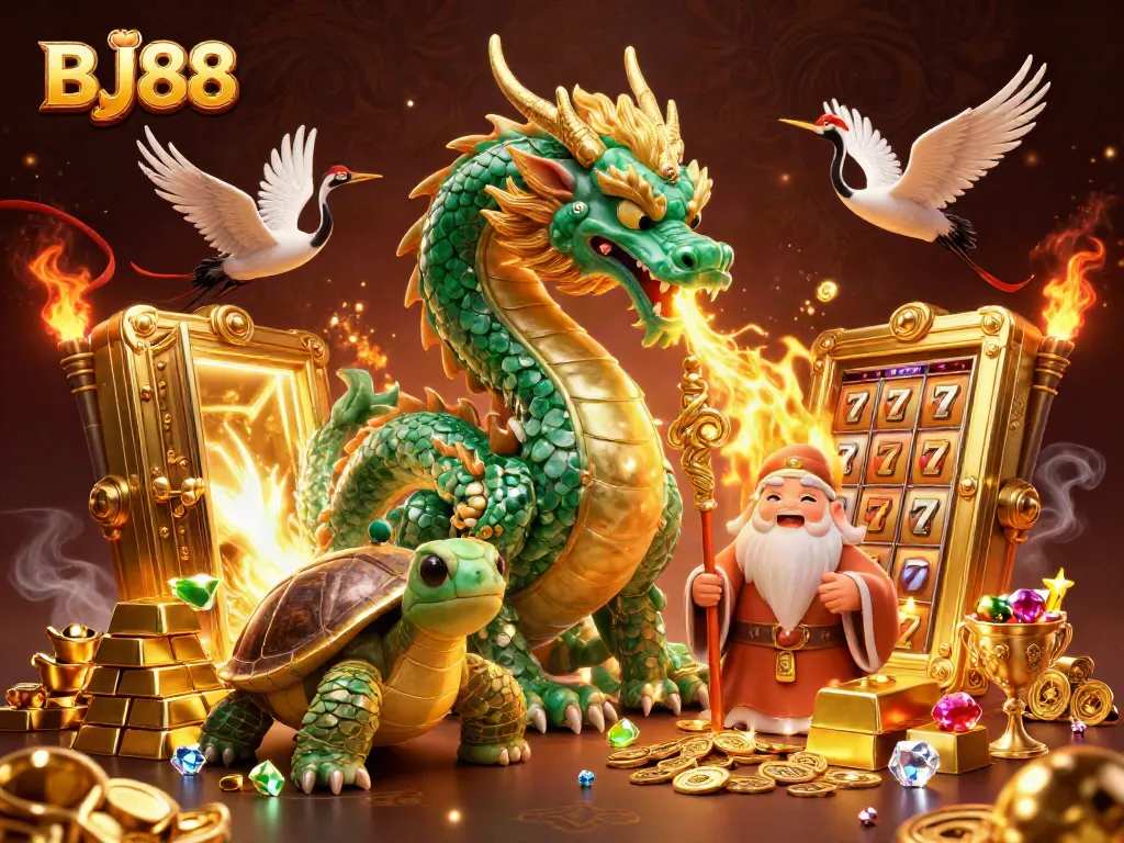 Bettors engage with BJ88 Casino's vibrant atmosphere featuring jade dragon and lucky symbols.