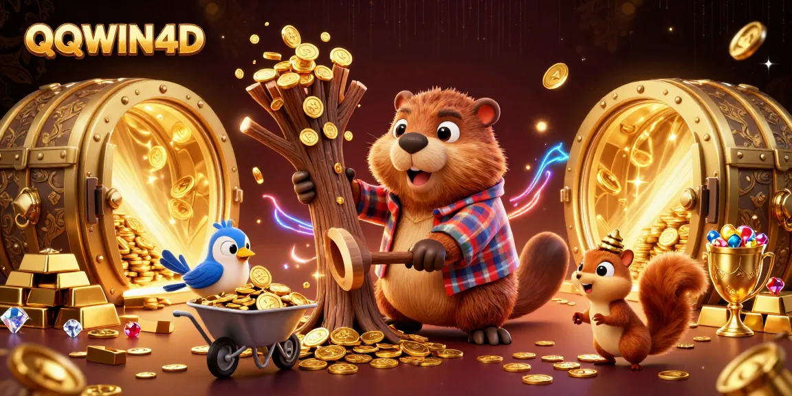 Permainan QQWIN4D dengan 3D kartun berang-berang memotong pohon uang emas, burung mengumpulkan koin di keranjang mini.
