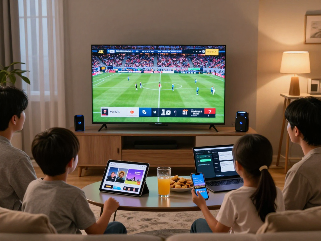 Geniet van Nederland IPTV met een gezin dat samen naar een live sportevenement kijkt op een 4K smart TV.