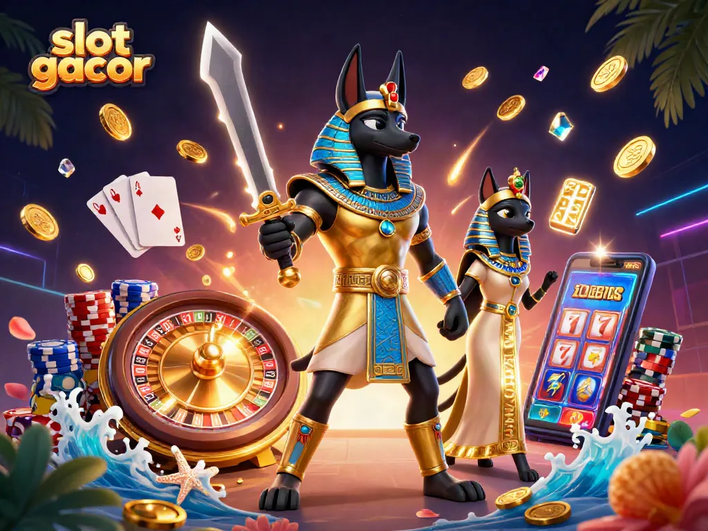 Win big with slot gacor in a vibrant 3D scene featuring Anubis and Bastet amidst dynamic casino elements.