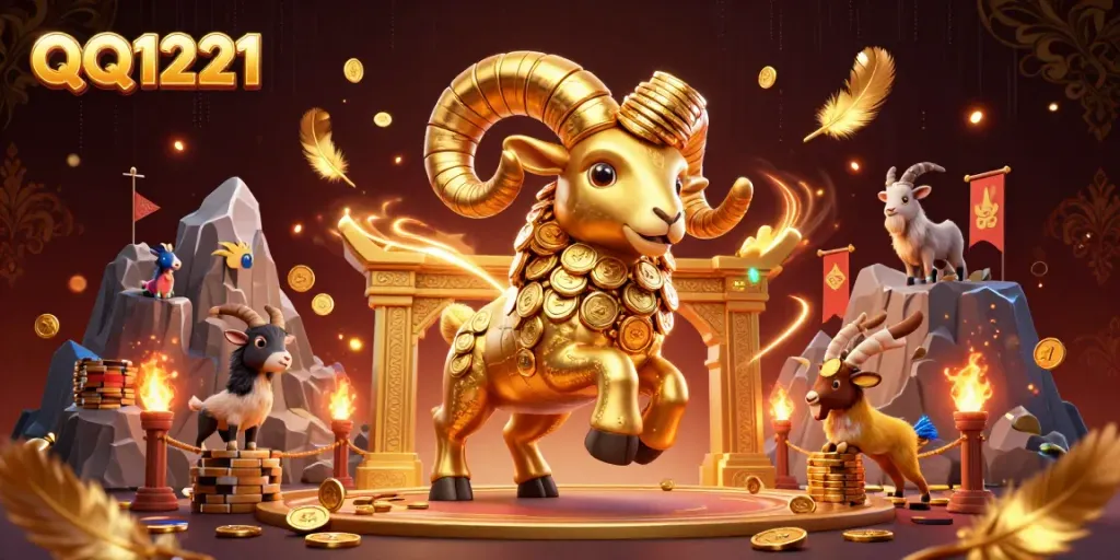 Engage in QQ1221 with a dynamic 3D representation of a golden ram charging through a vibrant casino-themed arena.