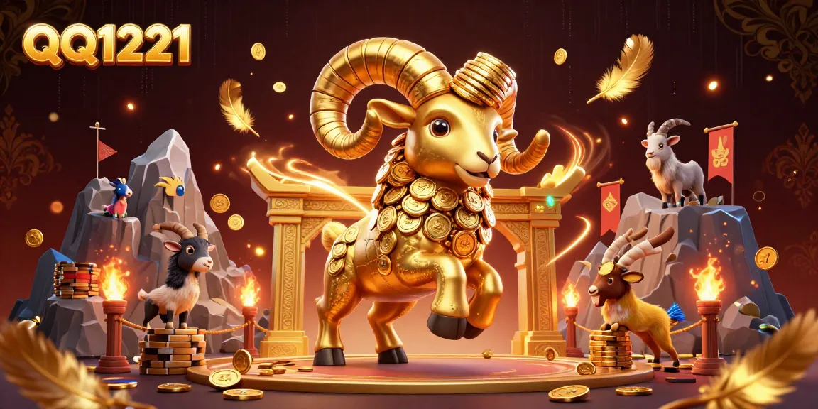 Engage in QQ1221 with a dynamic 3D representation of a golden ram charging through a vibrant casino-themed arena.