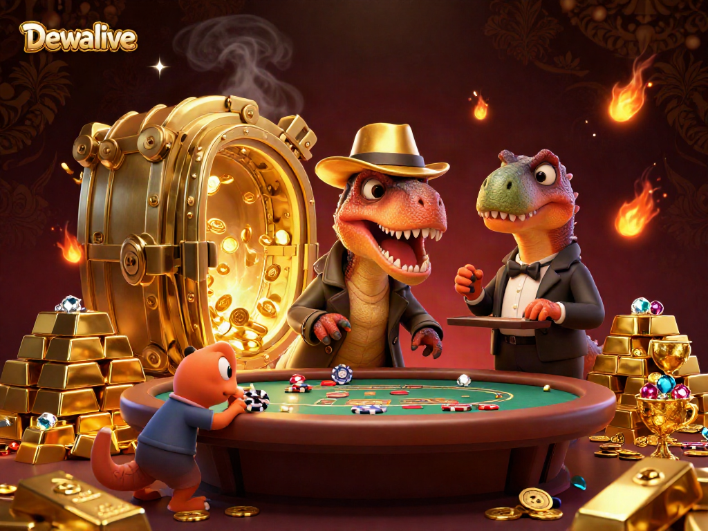 Dewalive gaming scene with a cunning velociraptor card counter, colorful chips, and dynamic atmosphere.