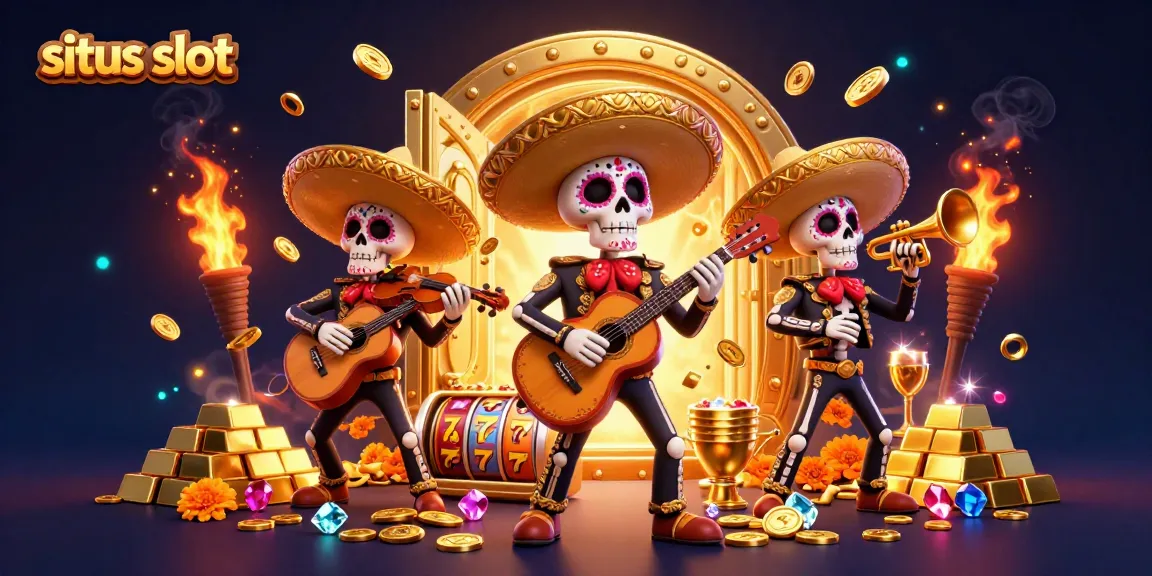 Experience excitement at situs slot with a dynamic Day of the Dead band amidst vibrant casino elements.