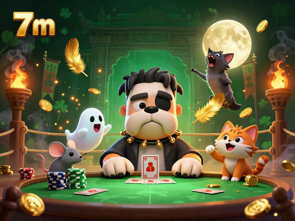 Engage with the thrilling 7 m gaming scene featuring a cartoon bulldog dealer and a ghostly mouse.