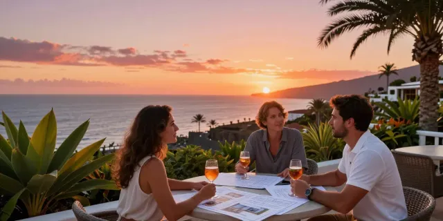 Cancasa property investment couple discussing options on a terrace in the Canary Islands.