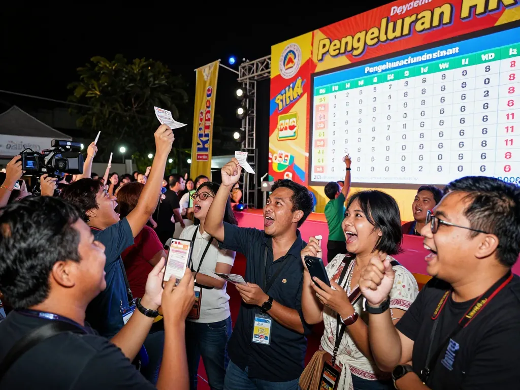 Players eagerly watching the latest Pengeluaran HK results at a lively lottery draw event.