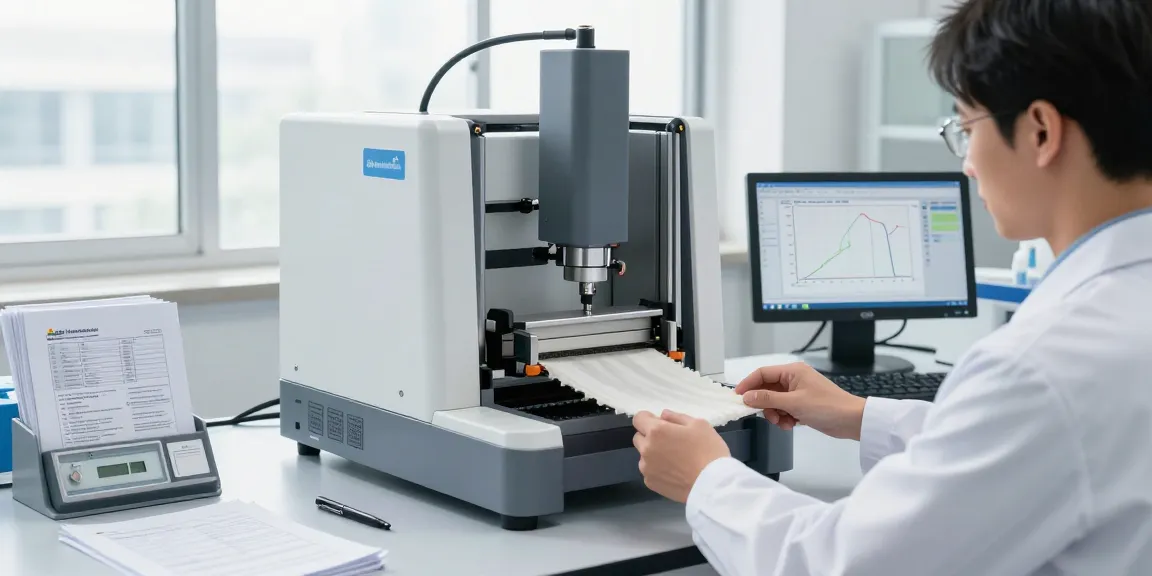 High-precision textile tensile testing equipment in a laboratory setting, showcasing the SmartPull Tester with real-time data analysis.