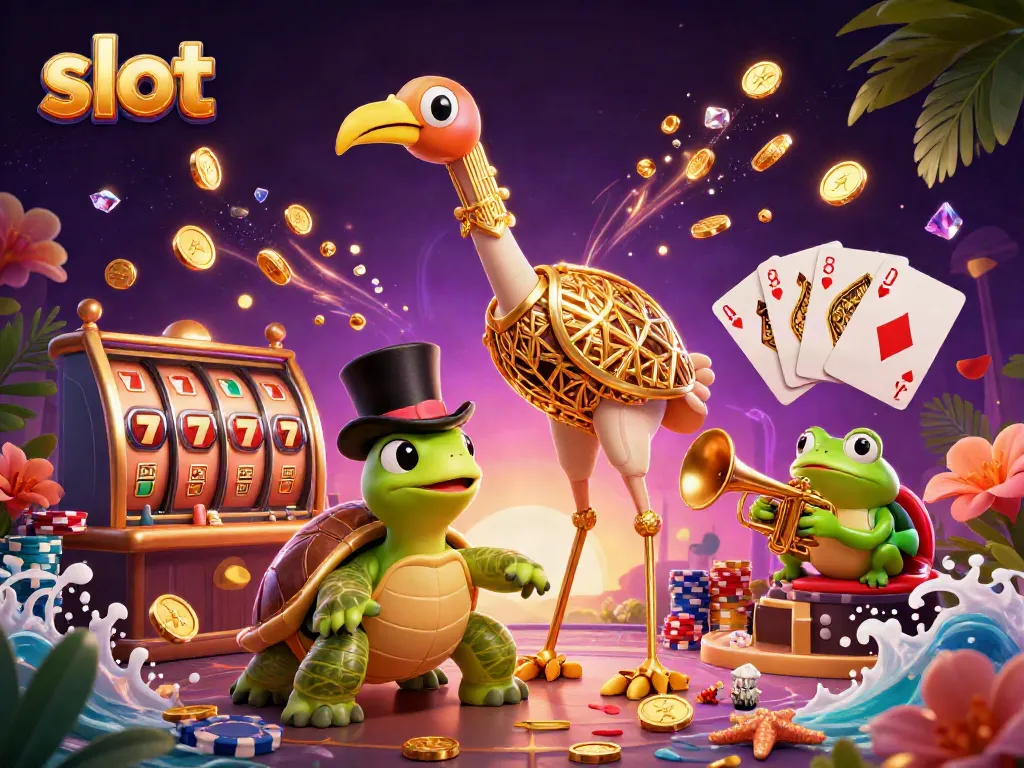Spin the slot reels to win with vibrant casino elements and characters in a 3D illustration.