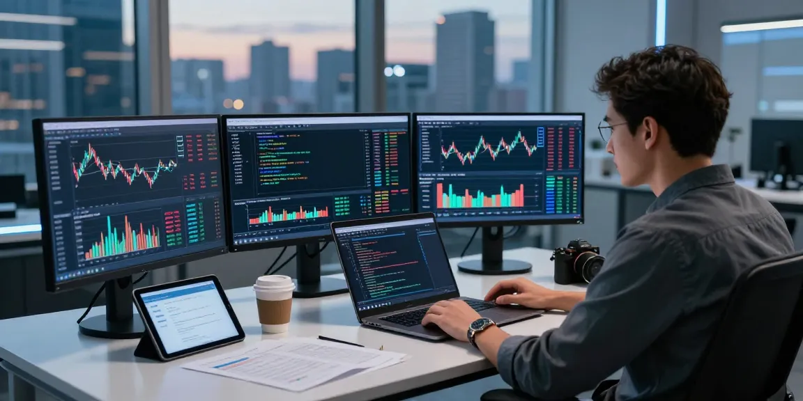 Dynamic workspace displaying quantitative trading data feed analytics with developer engaged in real-time insights.