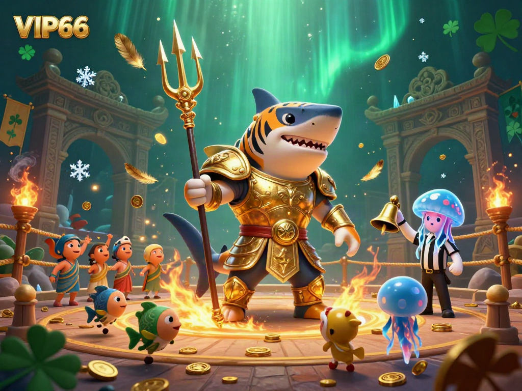 Experience vibrant action at VIP66 with a tiger shark gladiator in an underwater casino arena.