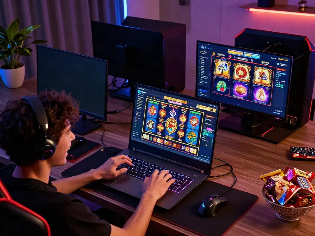 Person enjoying slot games on a modern gaming laptop in a vibrant game room.