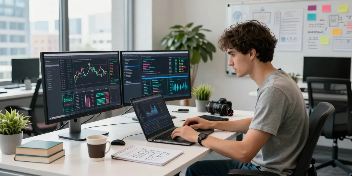 Real-time market quote API in a vibrant developer workspace with dual monitors showing financial data.