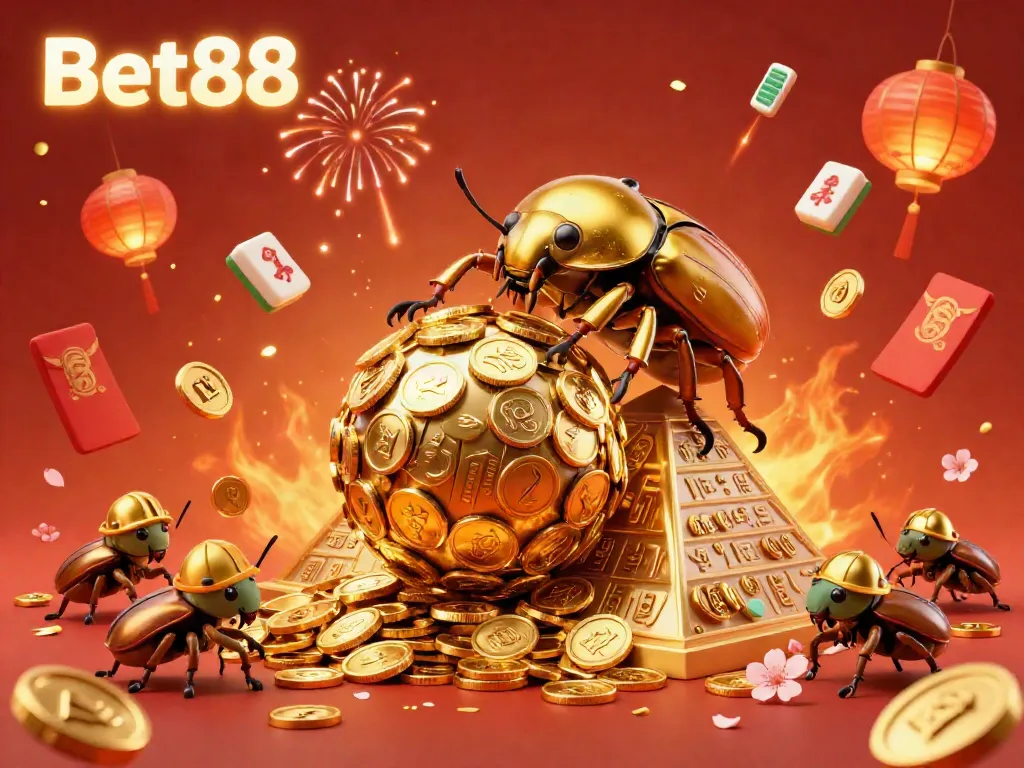Bet88 features a dynamic scene with golden beetles and festive casino symbols celebrating online gambling.