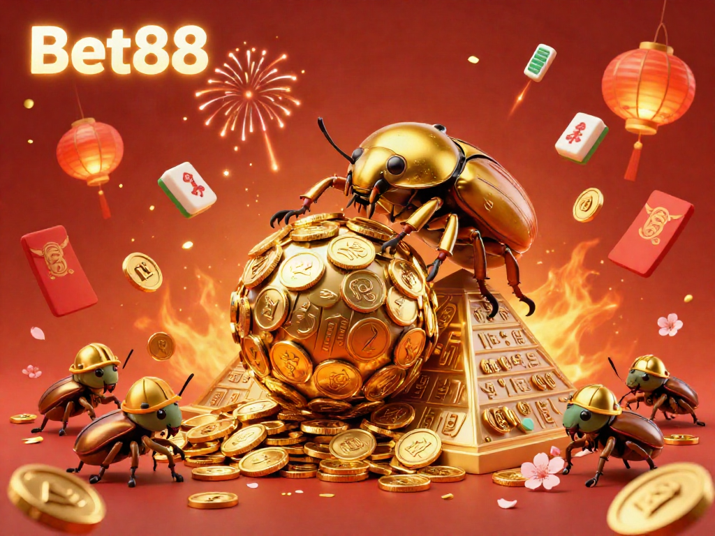 Bet88 features a dynamic scene with golden beetles and festive casino symbols celebrating online gambling.