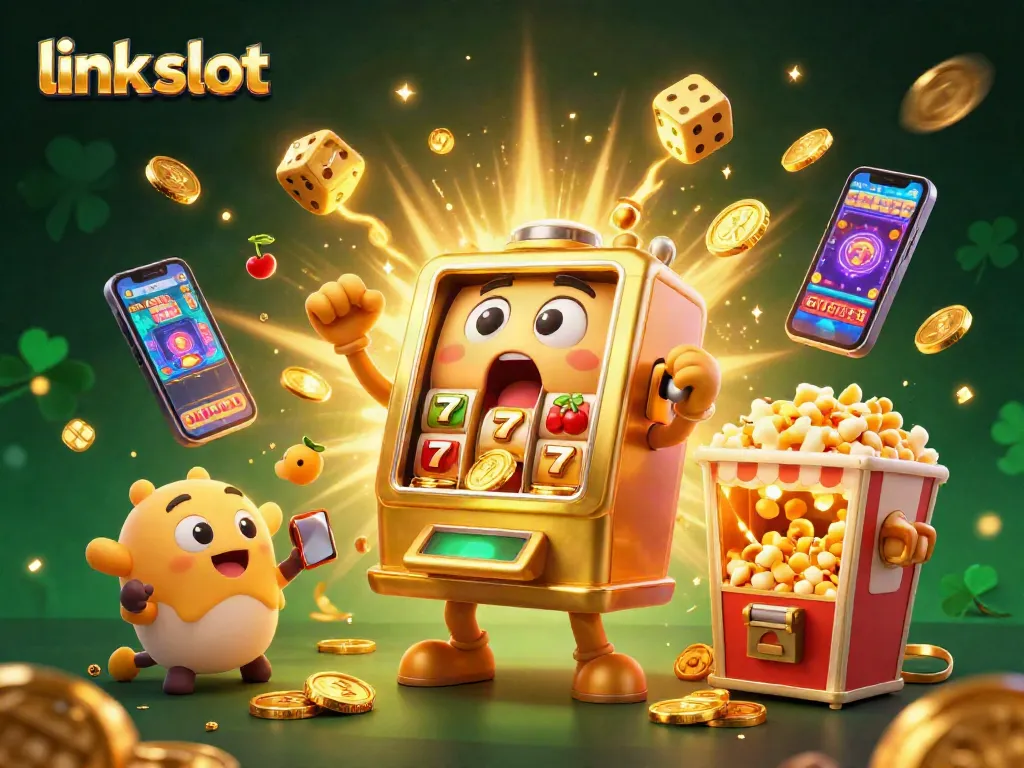 Experience excitement with the link slot, showcasing a golden slot machine hitting jackpots!