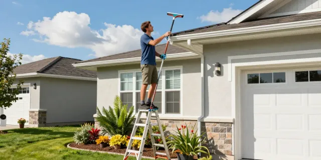 Spokane gutter cleaning in action, homeowner maintaining home with tools.