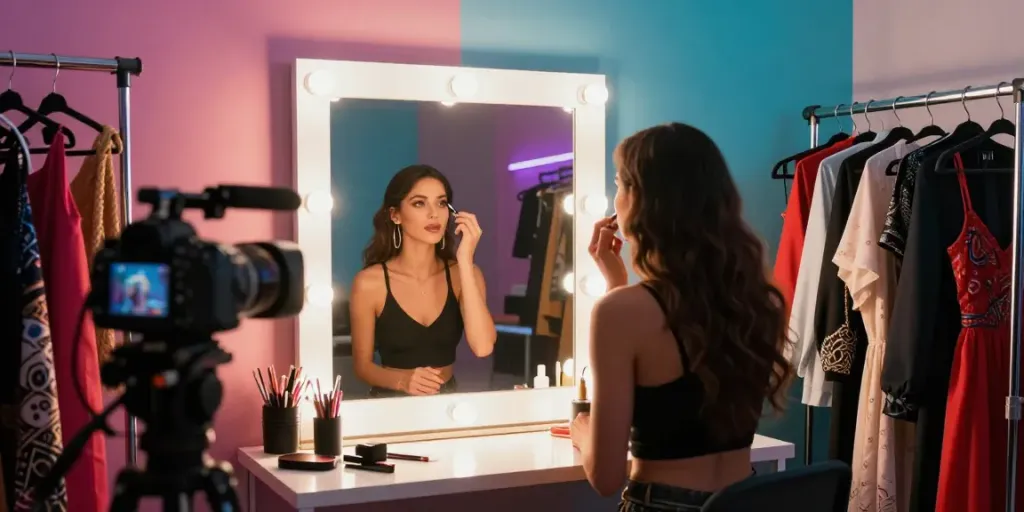 Ari Kytsya porn performer preparing for a video shoot in a vibrant studio.
