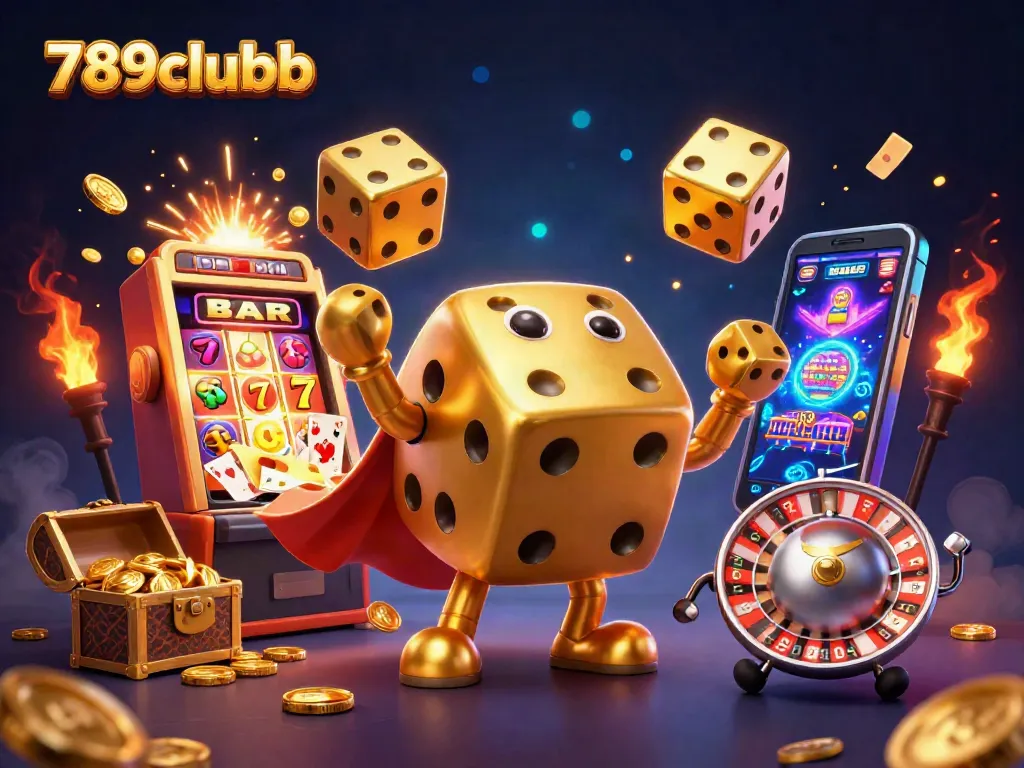 Experience the excitement of 789clubb's 3D illustration featuring dynamic casino elements and characters.