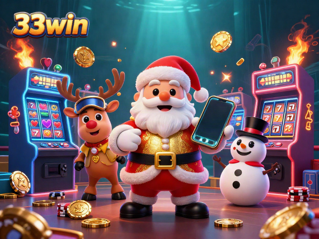 Experience thrilling slots action with 33win’s vibrant casino scene featuring Santa and friends.
