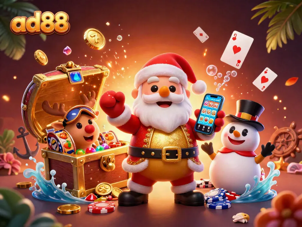 Spin jackpot slots with Santa Claus and friends in a vibrant ad88 casino illustration.
