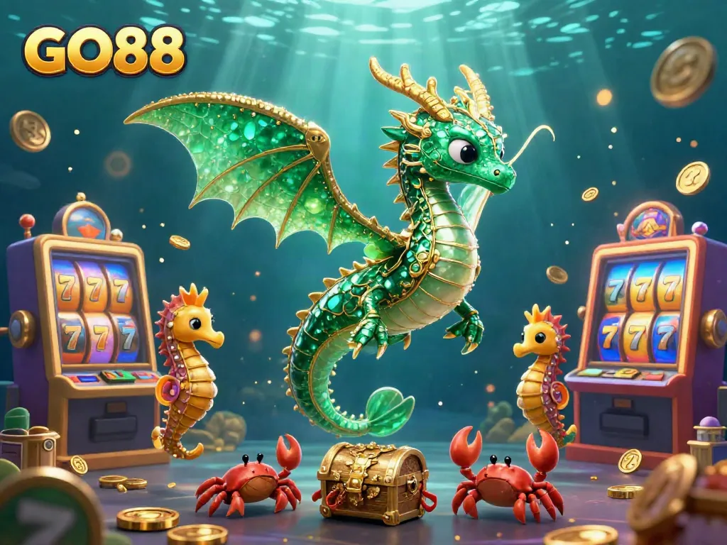 Experience the vibrant gaming environment of GO88 with a majestic sea dragon and treasure chest illustration.