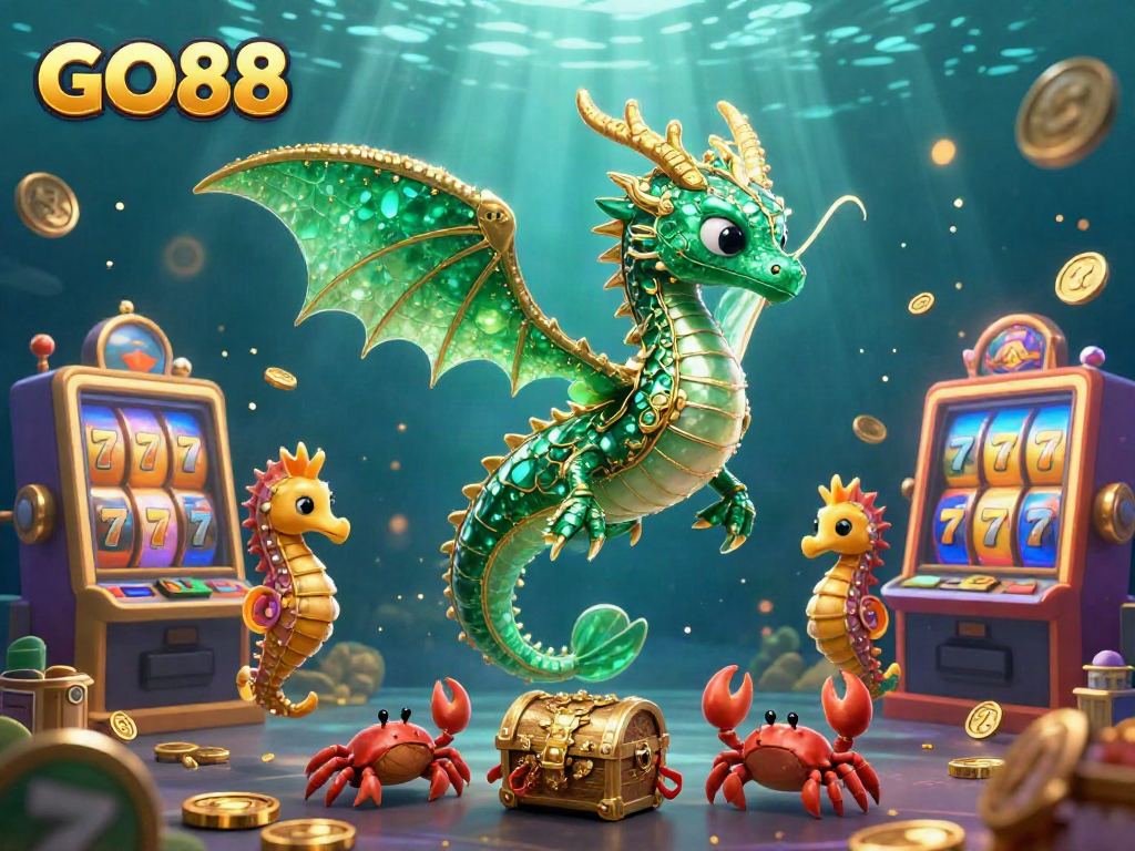 Experience the vibrant gaming environment of GO88 with a majestic sea dragon and treasure chest illustration.