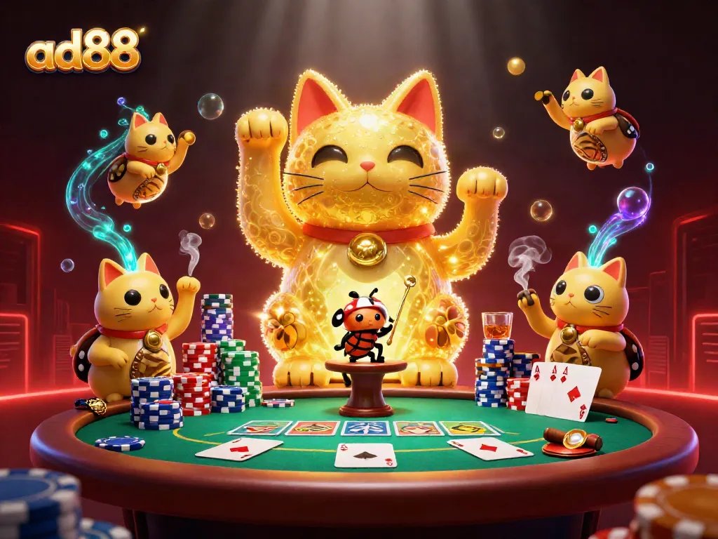 Engage with ad88's thrilling casino experience, where a lucky cat swirls with vibrant game symbols amidst a dramatic poker scene.