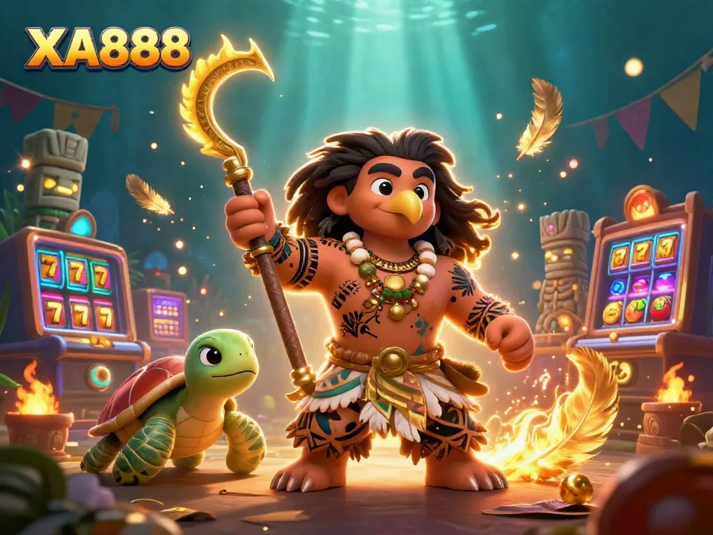 Experience the thrill of XA888's vibrant casino with cartoon demigod characters amidst slot reels and golden sparks.
