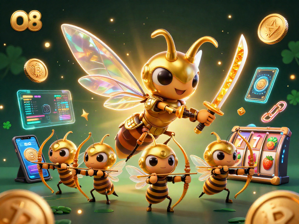 Engage with O8's dynamic casino adventure featuring a golden hornet samurai amidst glowing crypto coins and slot symbols.